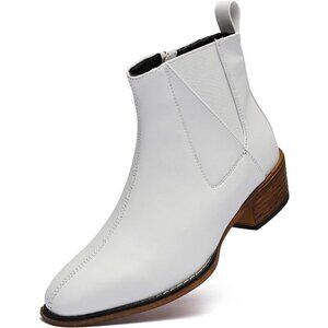 Women's White Ankle Boots Mid-height Heels Chelsea Zipper Dressy Booties